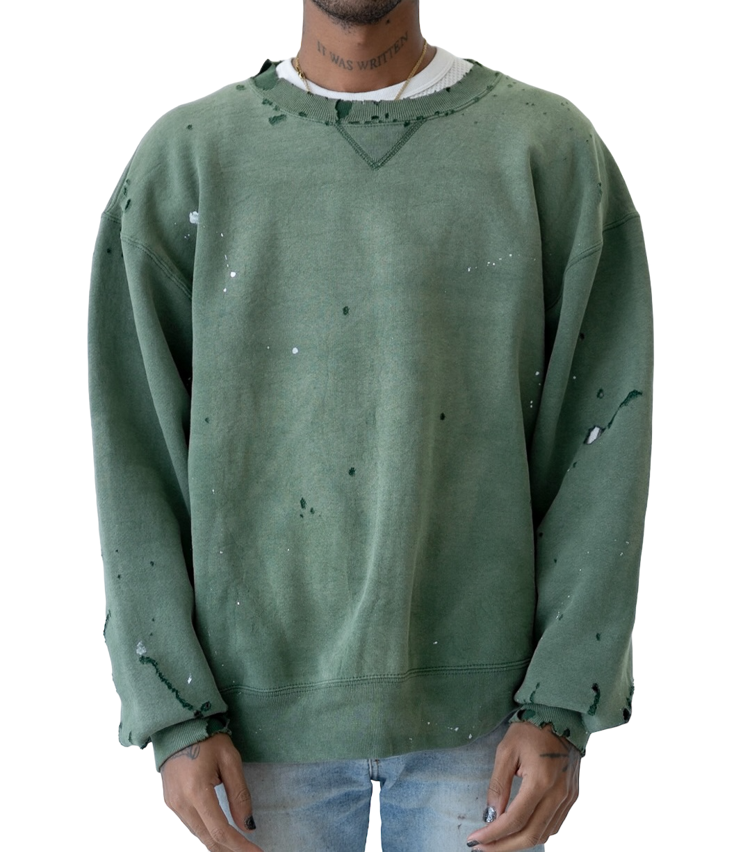 SUN FADED / THRASHED GREEN RUSSELL CREWNECK - 1990's