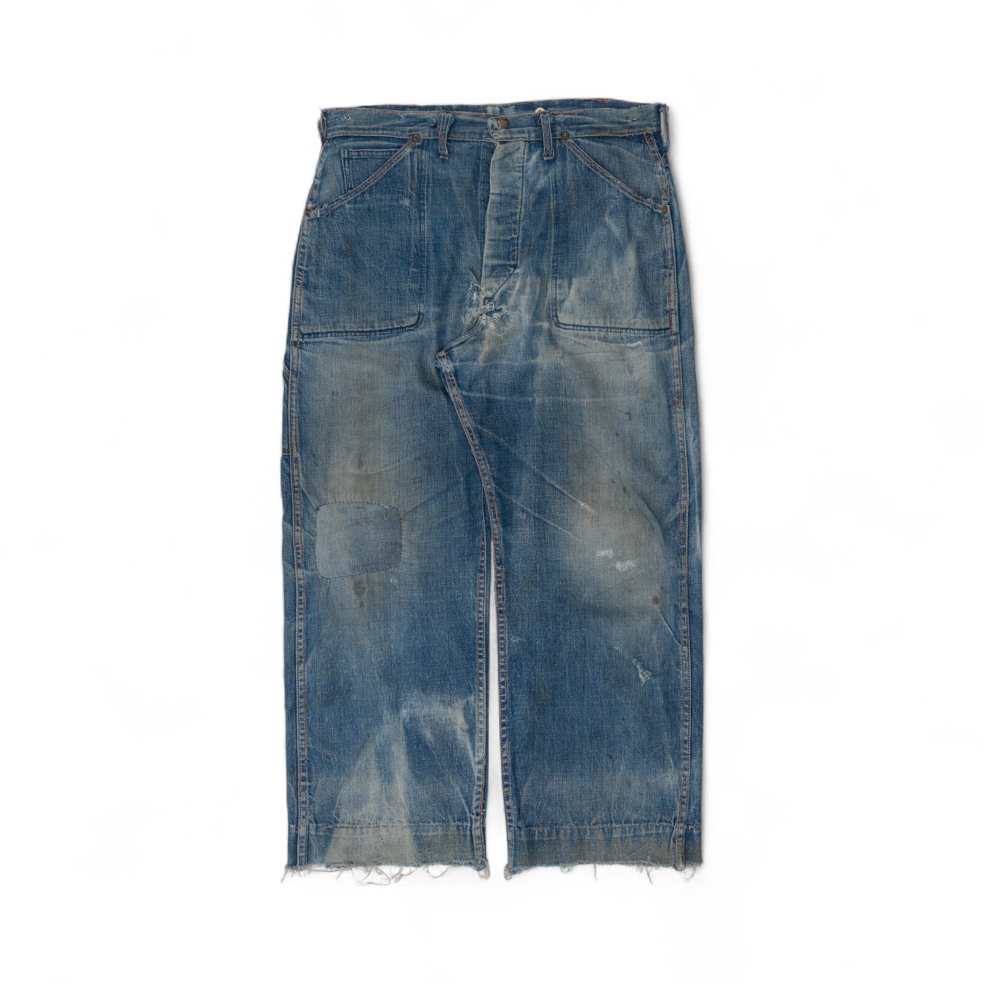 FADED/DISTRESSED/REPAIRED DONUT BUTTON CARPENTER DENIM - 1940/50'S