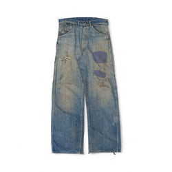 FADED/DISTRESSED/REPAIRED DONUT BUTTON CARPENTER DENIM - 1950'S