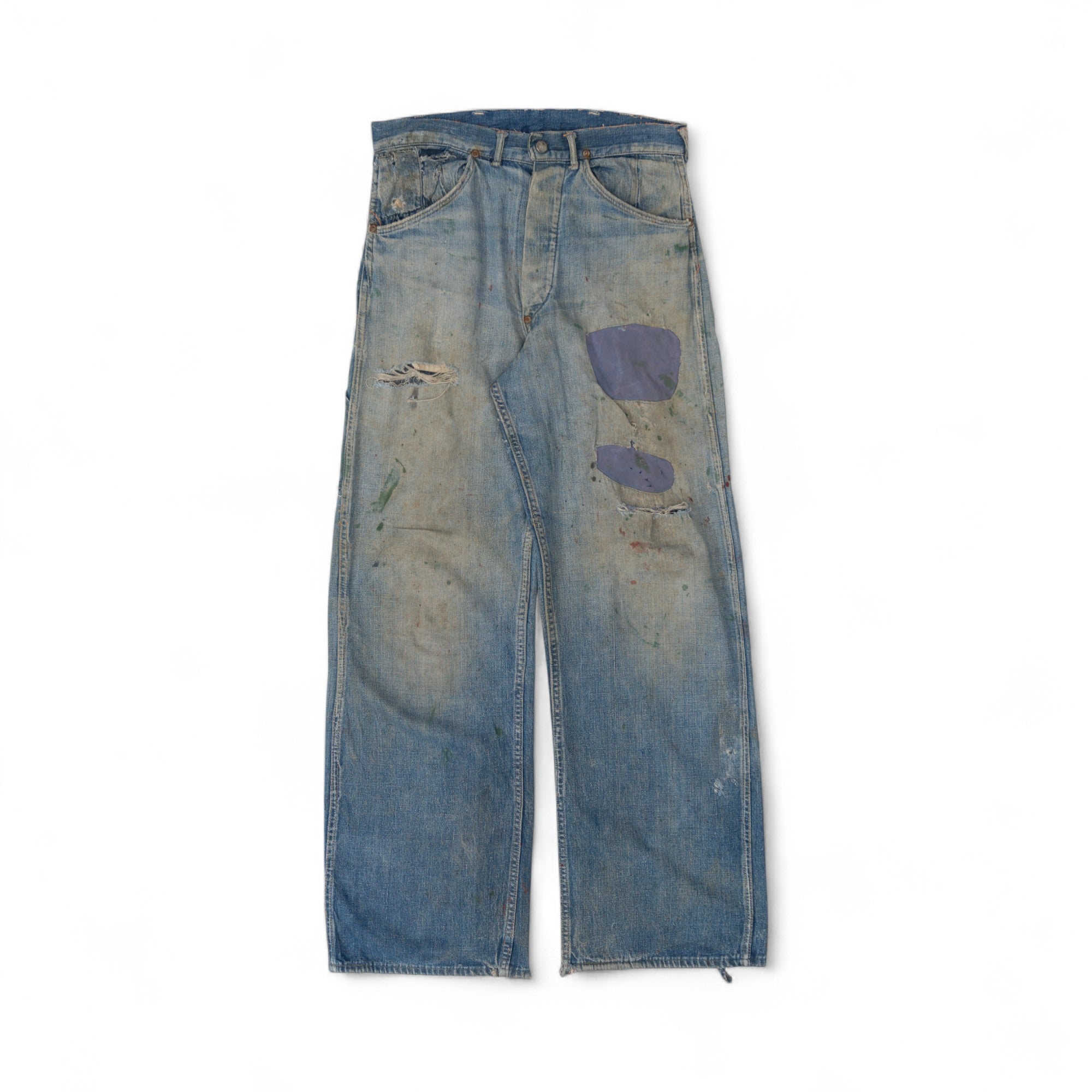 FADED/DISTRESSED/REPAIRED DONUT BUTTON CARPENTER DENIM - 1950'S