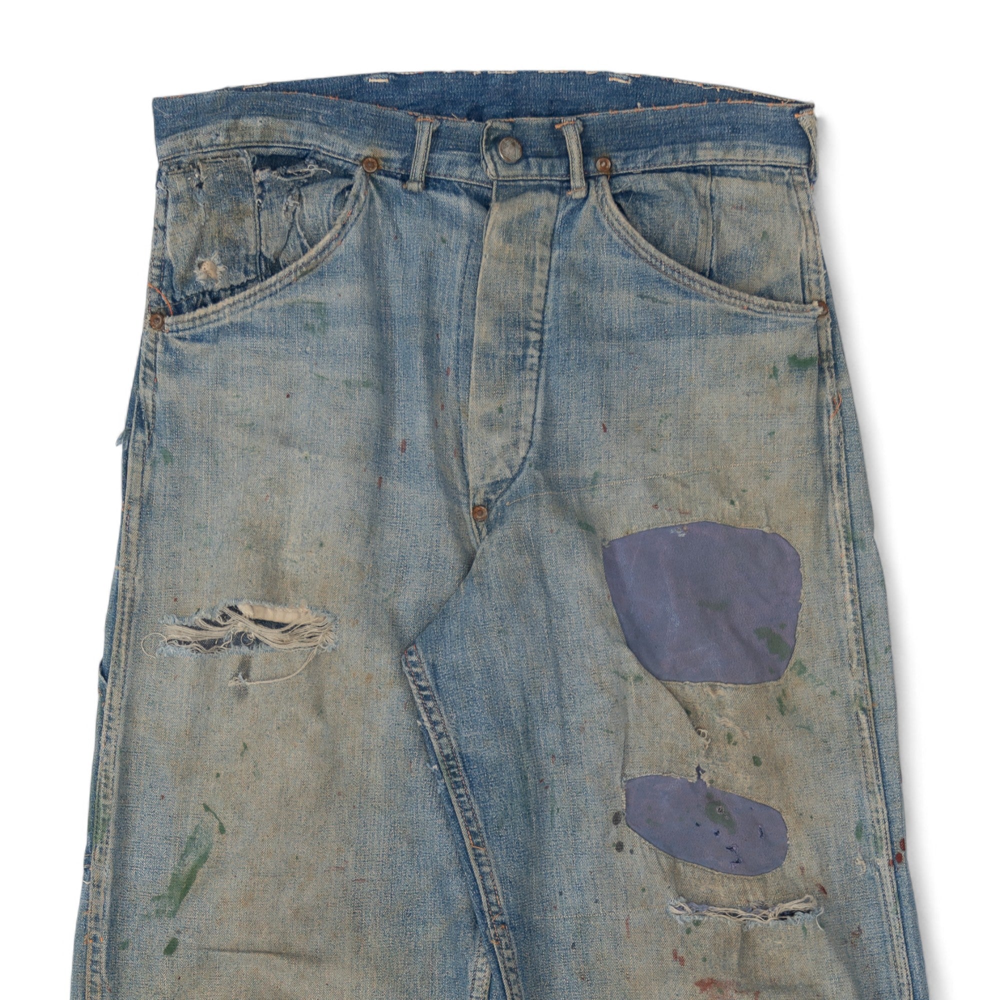 FADED/DISTRESSED/REPAIRED DONUT BUTTON CARPENTER DENIM - 1950'S