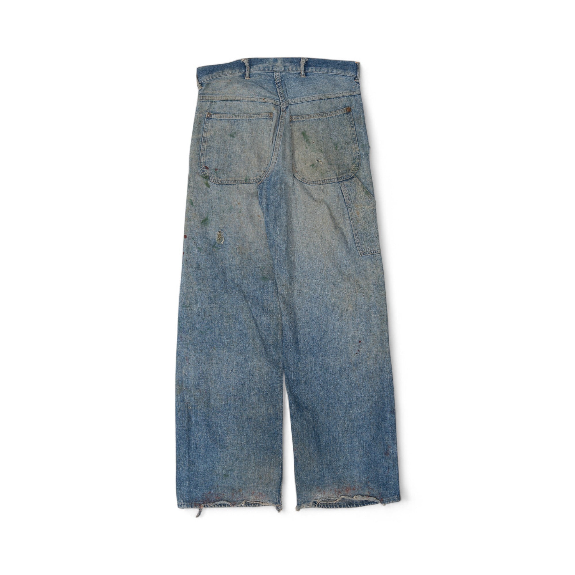 FADED/DISTRESSED/REPAIRED DONUT BUTTON CARPENTER DENIM - 1950'S