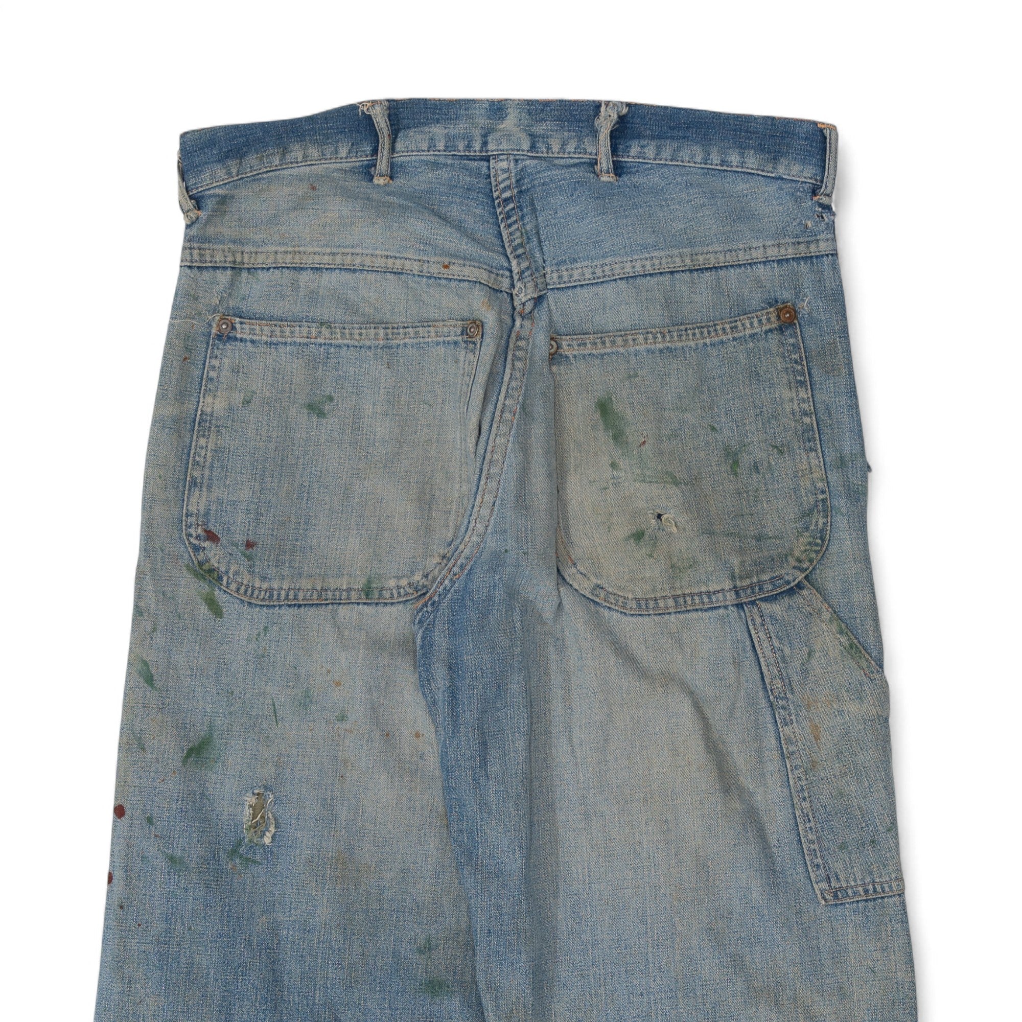 FADED/DISTRESSED/REPAIRED DONUT BUTTON CARPENTER DENIM - 1950'S