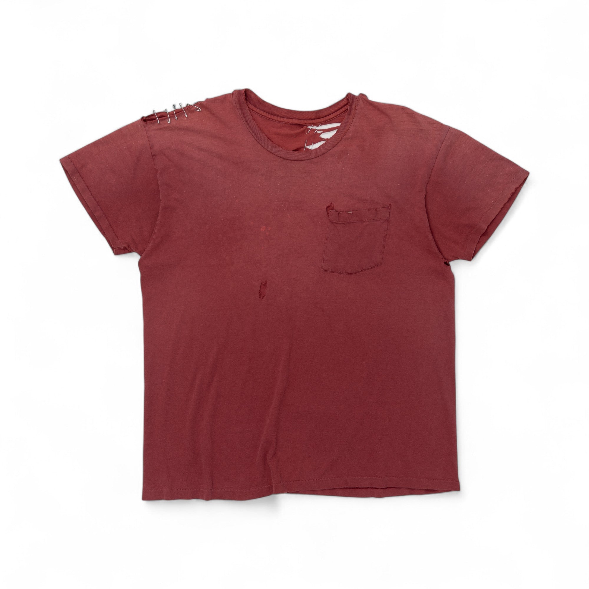 THRASHED/FADED/SAFETY-PIN REPAIRED SINGLE STITCH POCKET TEE - 1970'S