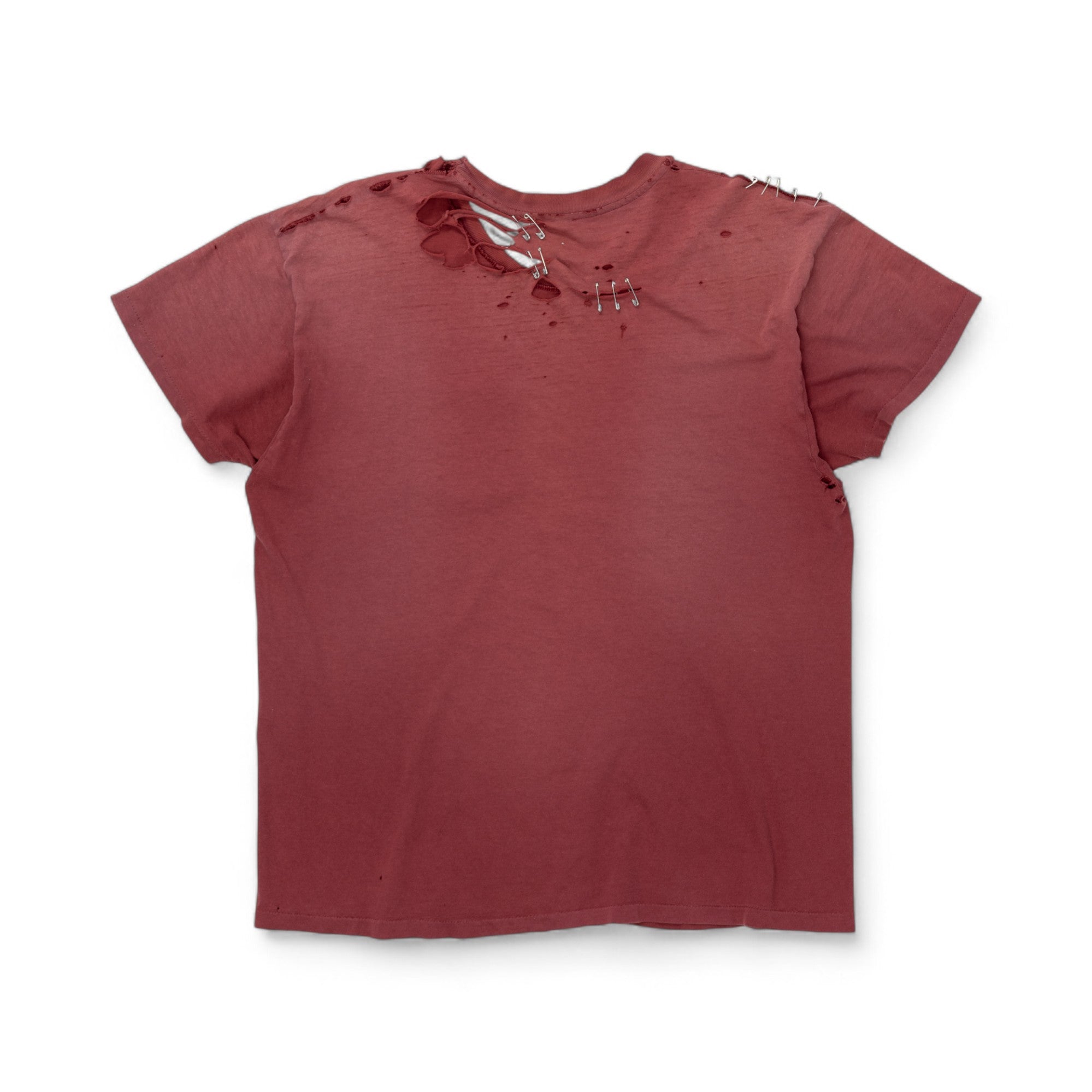 THRASHED/FADED/SAFETY-PIN REPAIRED SINGLE STITCH POCKET TEE - 1970'S