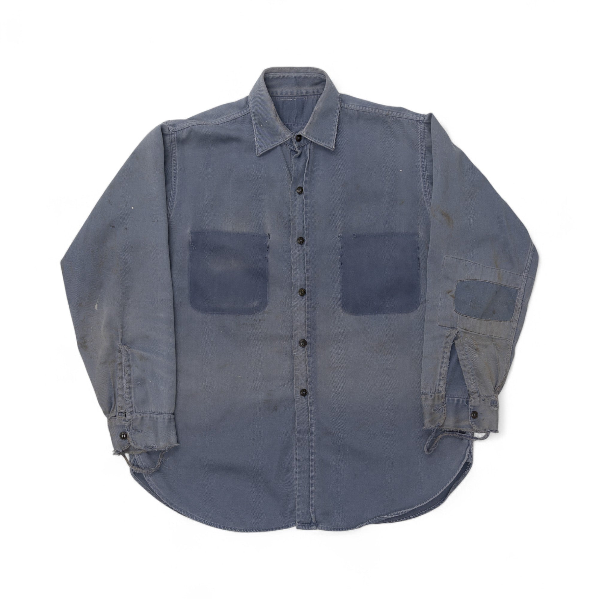 FADED/DISTRESSED/REPAIRED CHAMBRAY SHIRT - 1970'S