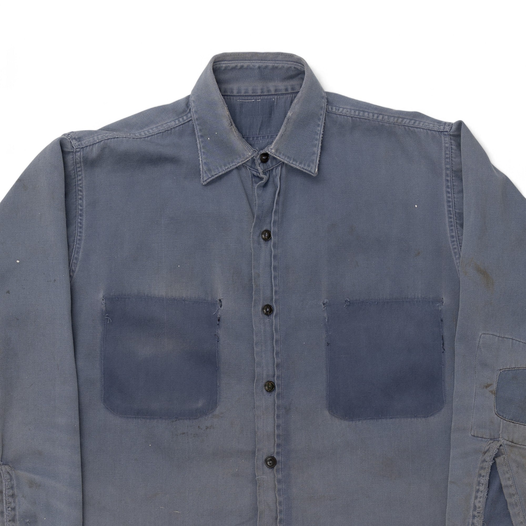 FADED/DISTRESSED/REPAIRED CHAMBRAY SHIRT - 1970'S