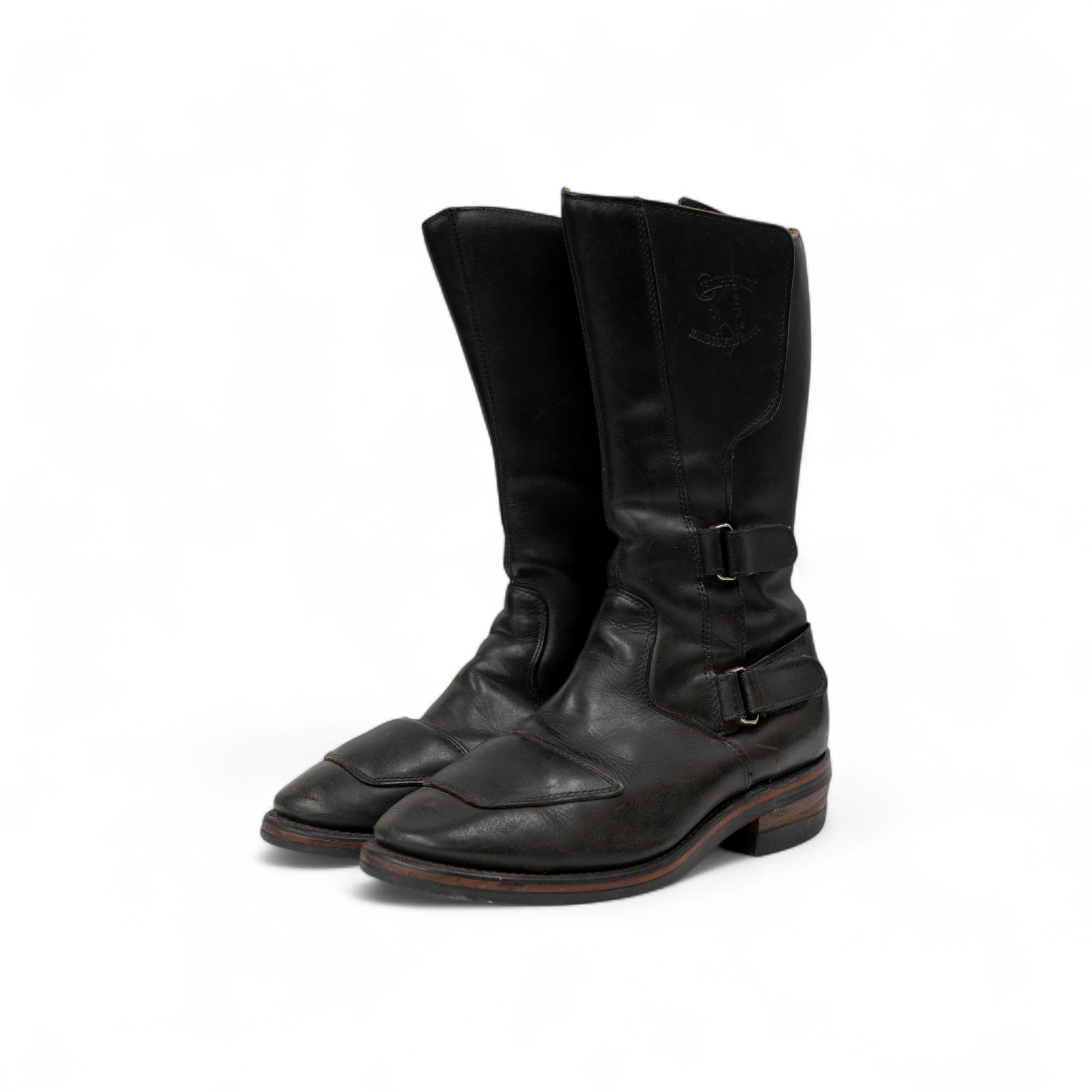 VINTAGE LEATHER CHIPPEWA MOTORCYCLE VELCRO STRAP BOOTS W/ VIBRAM SOLE - 2000'S
