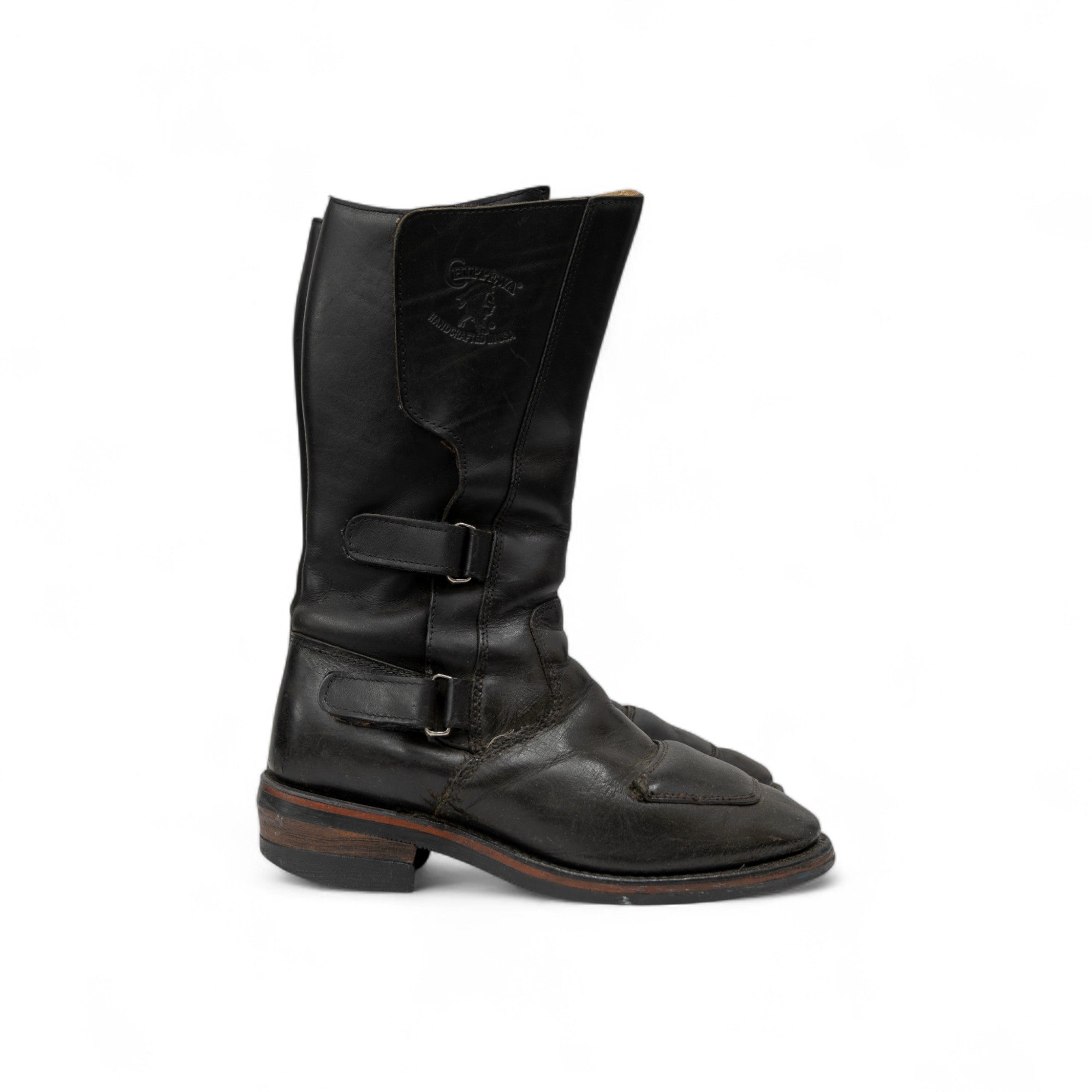 VINTAGE LEATHER CHIPPEWA MOTORCYCLE VELCRO STRAP BOOTS W/ VIBRAM SOLE - 2000'S