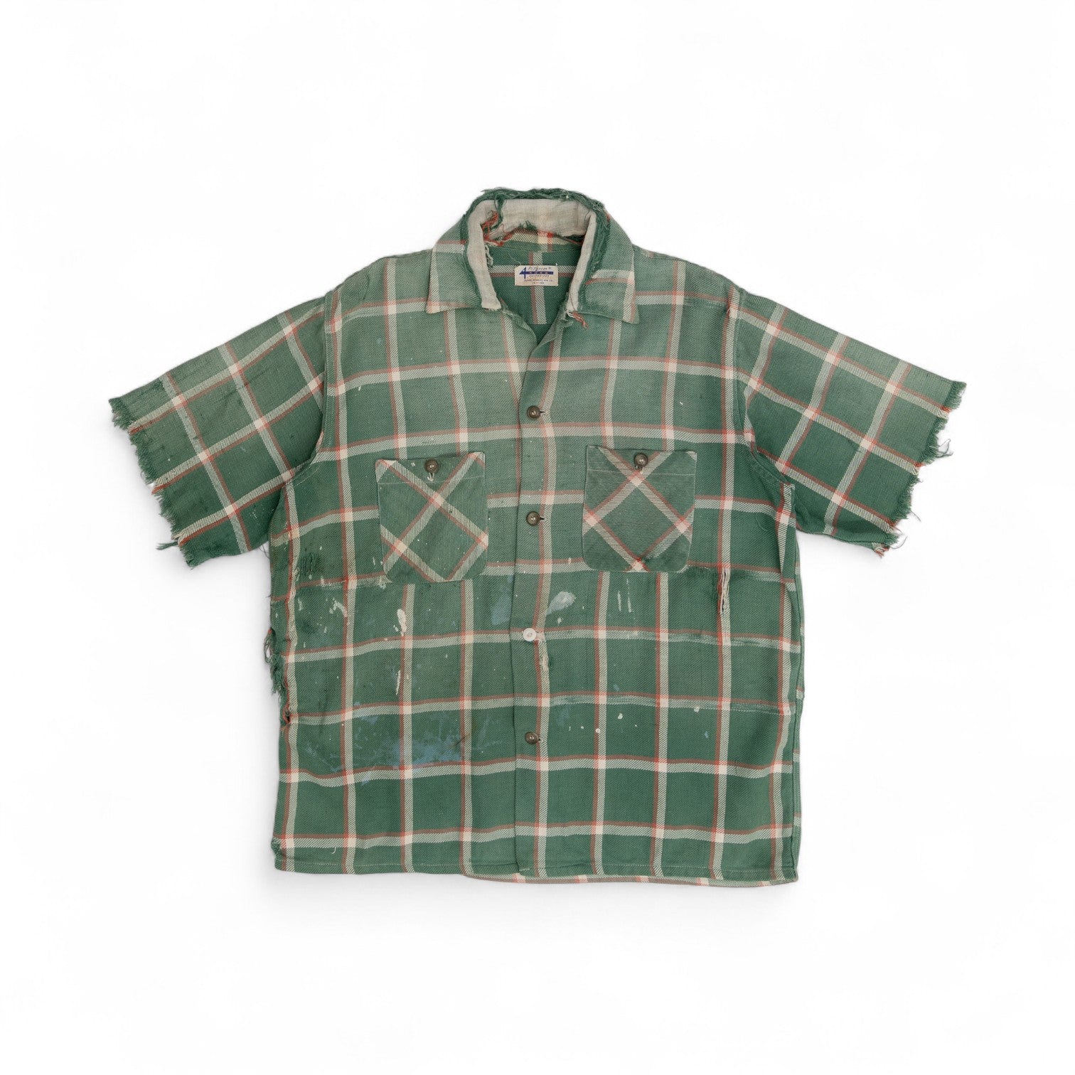 THRASHED/CHOPPED-SLEEVE PILGRIM BUTTON UP FLANNEL - 1940/50'S
