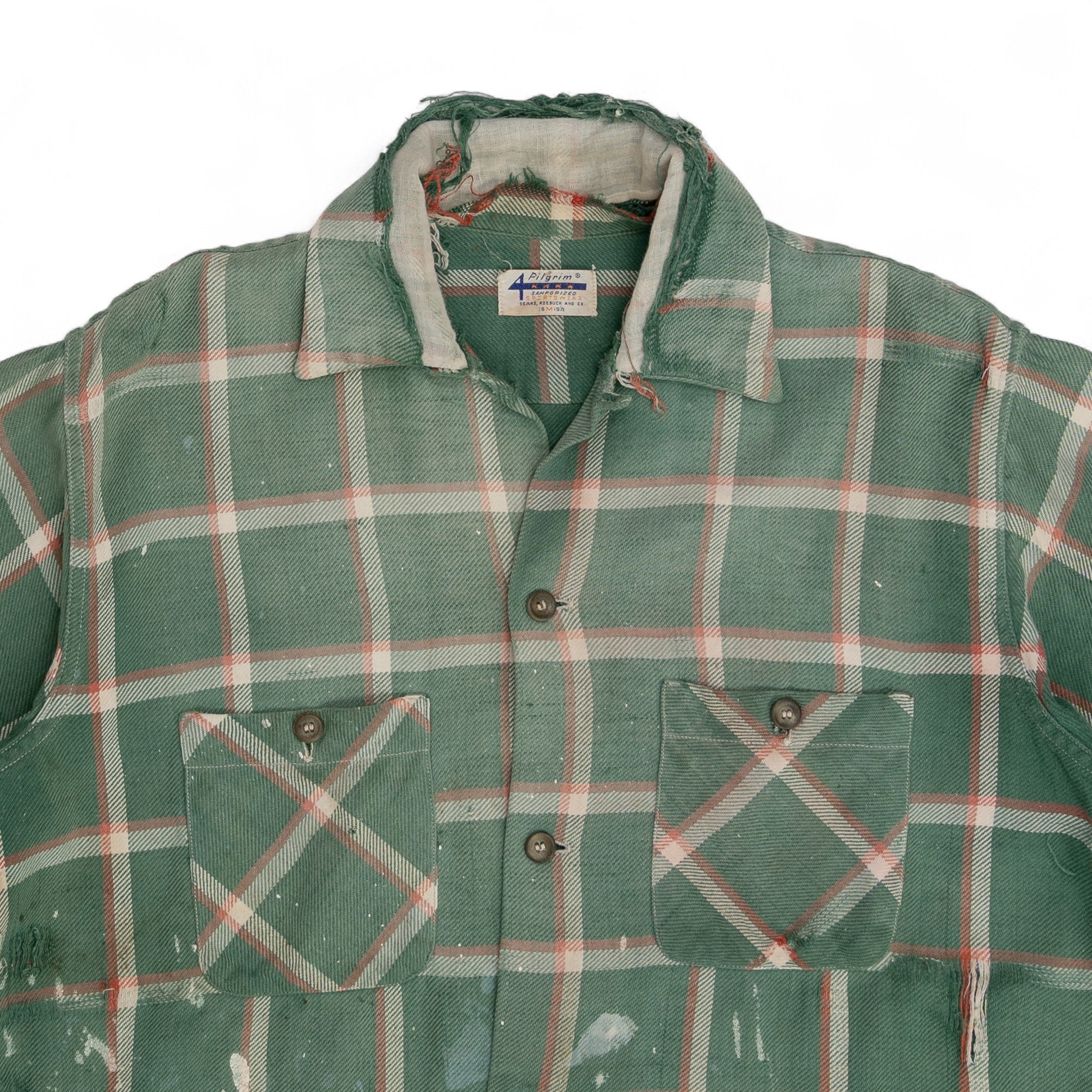 THRASHED/CHOPPED-SLEEVE PILGRIM BUTTON UP FLANNEL - 1940/50'S