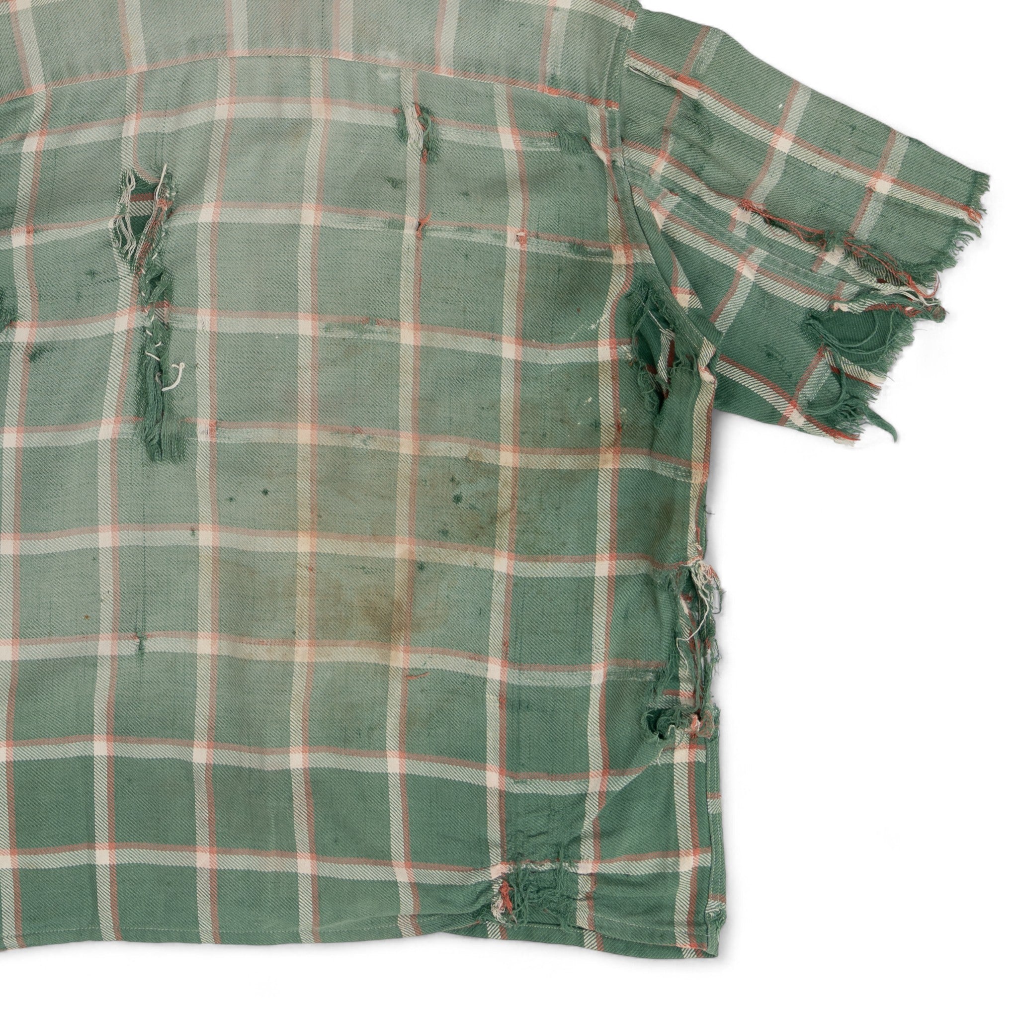 THRASHED/CHOPPED-SLEEVE PILGRIM BUTTON UP FLANNEL - 1940/50'S