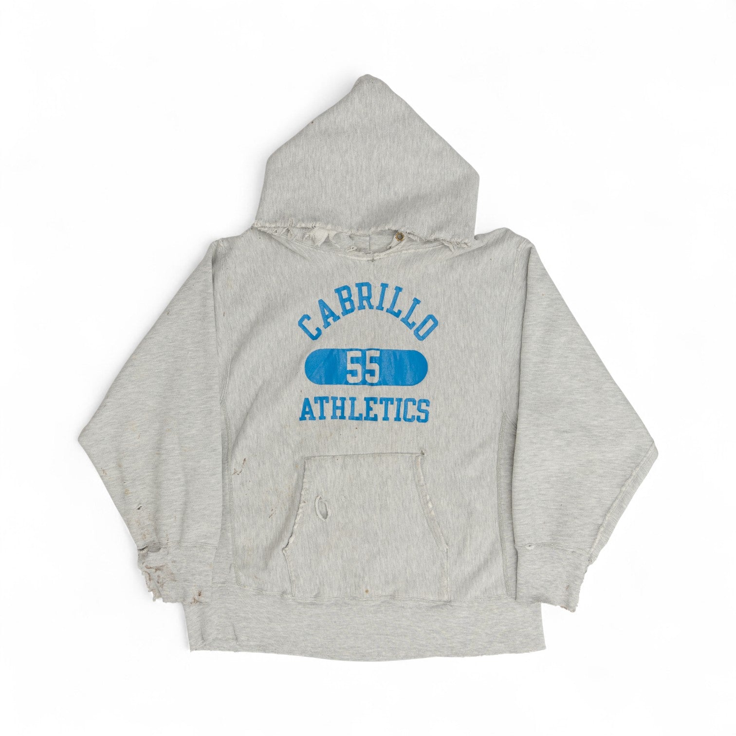 HEAVILY DISTRESSED 'CABRILLO ATHLETICS' REVERSE WEAVE HOODIE - 1980'S