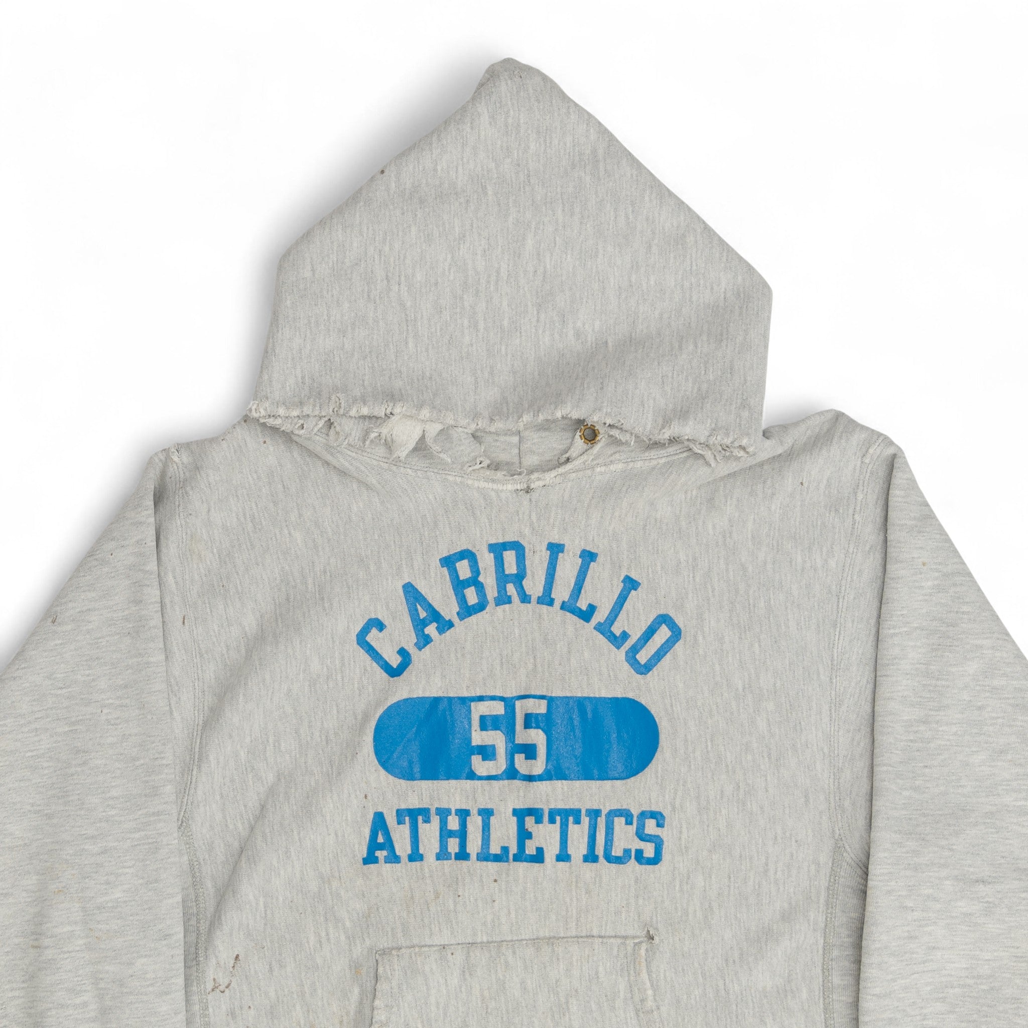 HEAVILY DISTRESSED 'CABRILLO ATHLETICS' REVERSE WEAVE HOODIE - 1980'S