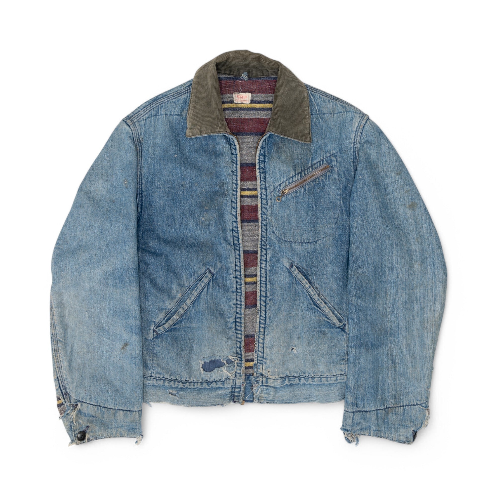 HERCULES BLANKET LINED 3 POCKET DENIM JACKET (BROKEN ZIPPER) - 1950'S