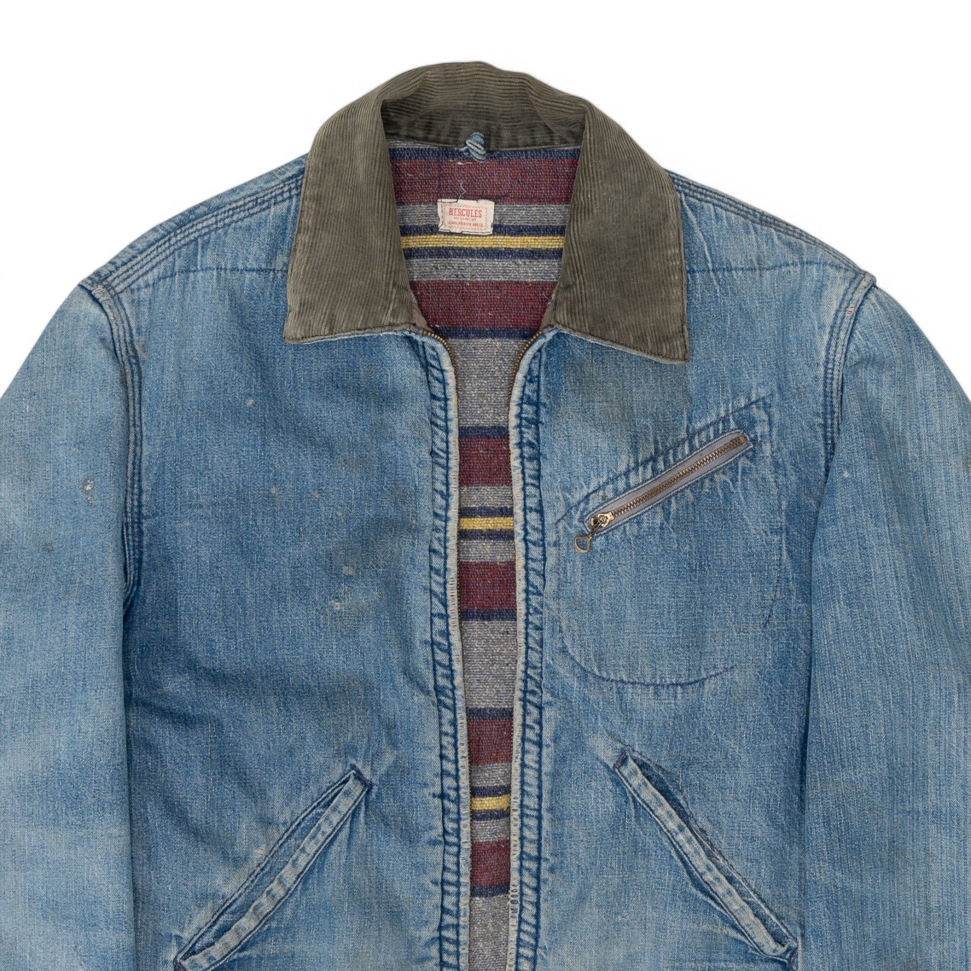 HERCULES BLANKET LINED 3 POCKET DENIM JACKET (BROKEN ZIPPER) - 1950'S