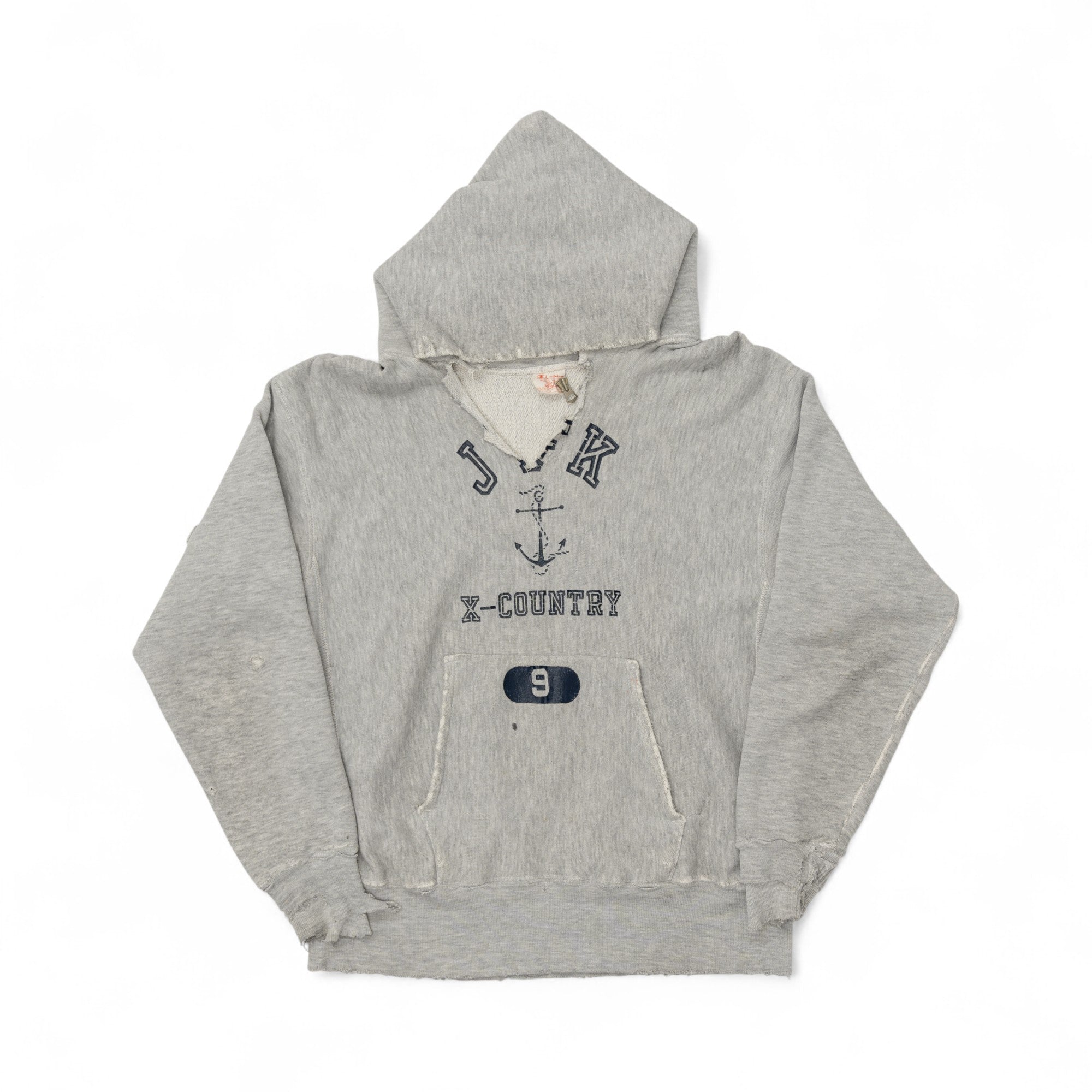 HEAVILY DISTRESSED CHAMPION REVERSE WEAVE 'JFK CROSS COUNTRY' HOODIE - 1970'S