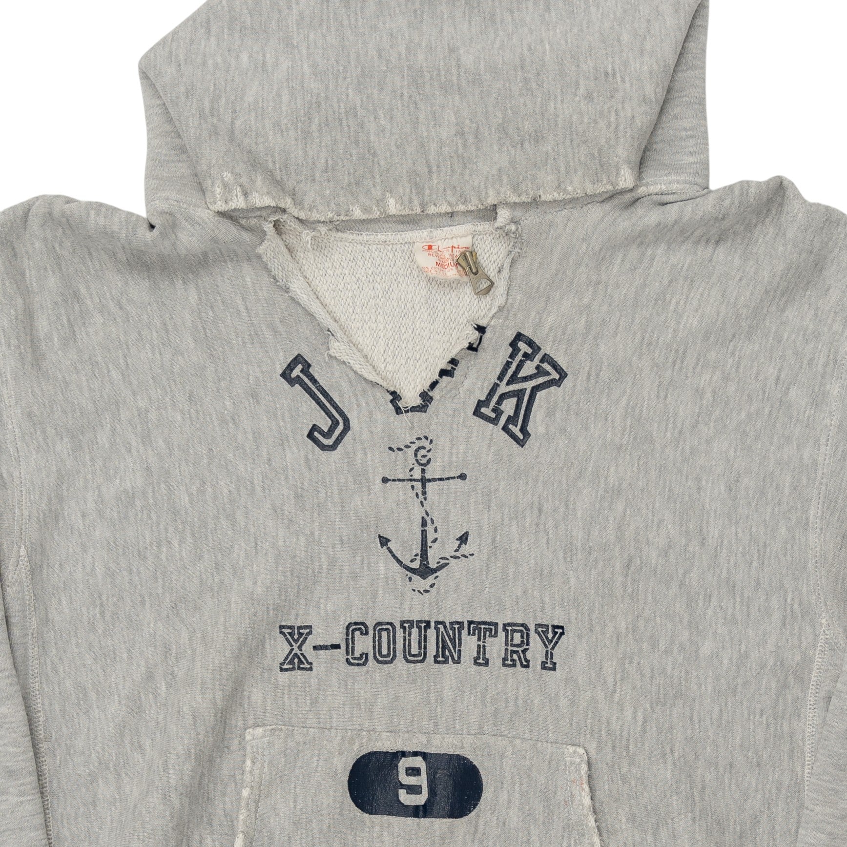 HEAVILY DISTRESSED CHAMPION REVERSE WEAVE 'JFK CROSS COUNTRY' HOODIE - 1970'S
