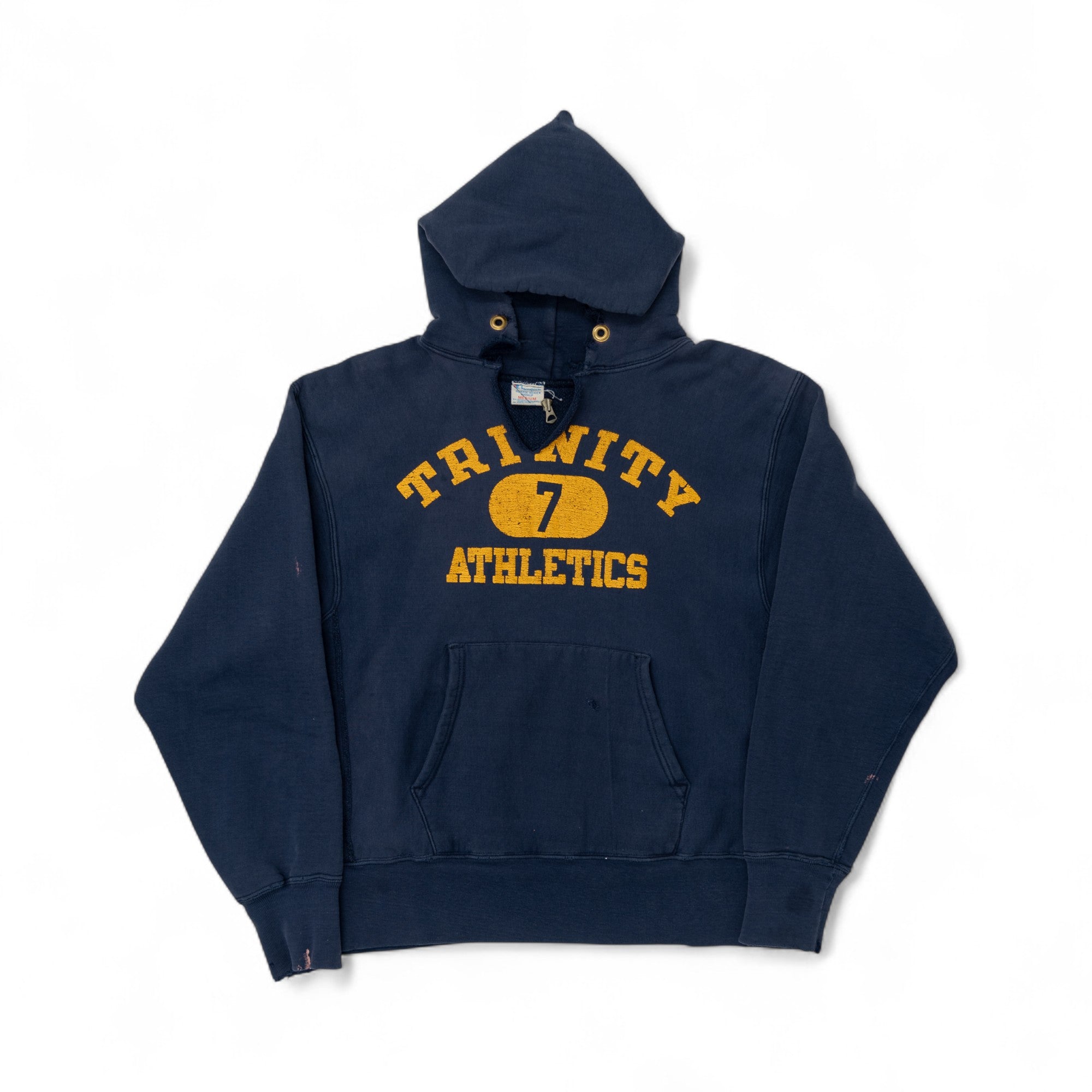 HEAVILY DISTRESSED CHAMPION REVERSE WEAVE 'TRINITY ATHLETICS' HOODIE - 1970'S