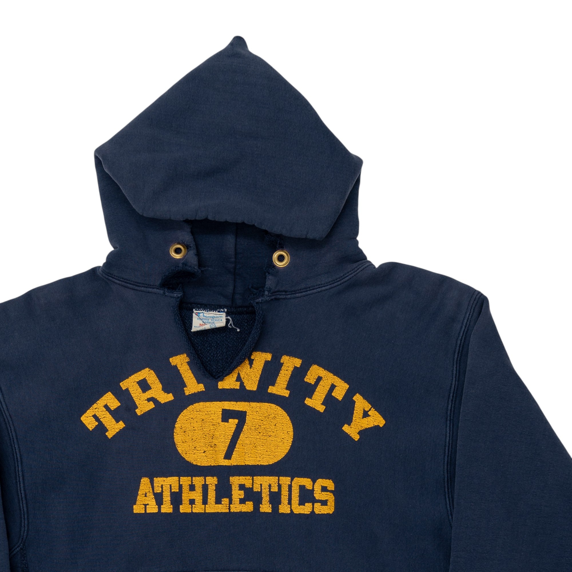 HEAVILY DISTRESSED CHAMPION REVERSE WEAVE 'TRINITY ATHLETICS' HOODIE - 1970'S